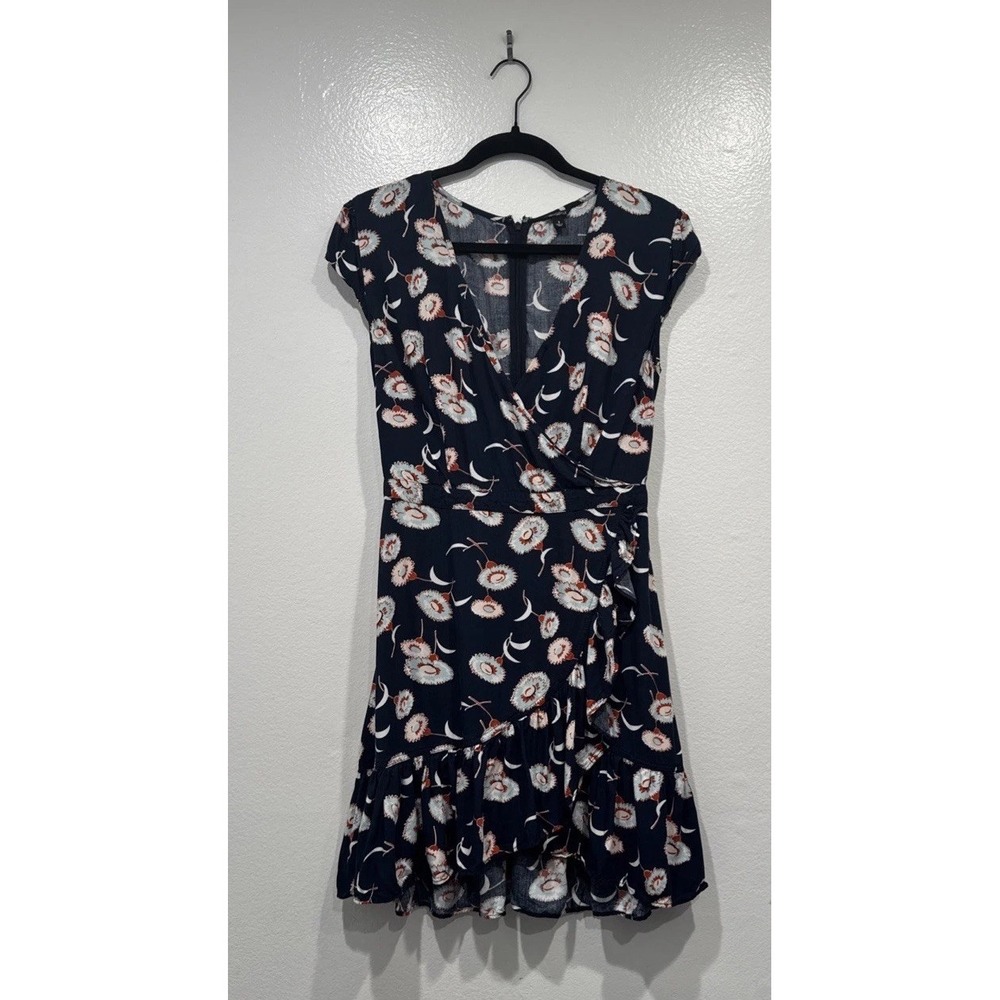 J Crew Mercantile Faux Wrap Dress Blue Floral V Neck Size 2 Ruffle Coquette Boho